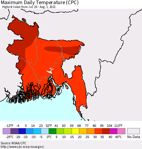 Bangladesh Maximum Daily Temperature (CPC) Thematic Map For 7/26/2021 - 8/1/2021