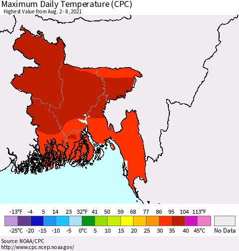 Bangladesh Maximum Daily Temperature (CPC) Thematic Map For 8/2/2021 - 8/8/2021