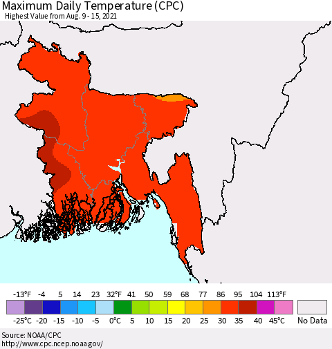 Bangladesh Maximum Daily Temperature (CPC) Thematic Map For 8/9/2021 - 8/15/2021