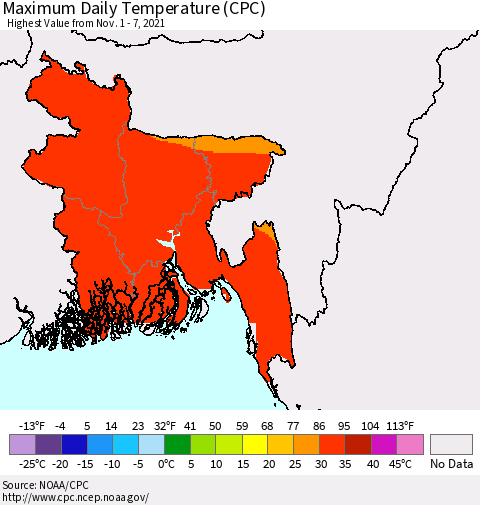 Bangladesh Maximum Daily Temperature (CPC) Thematic Map For 11/1/2021 - 11/7/2021