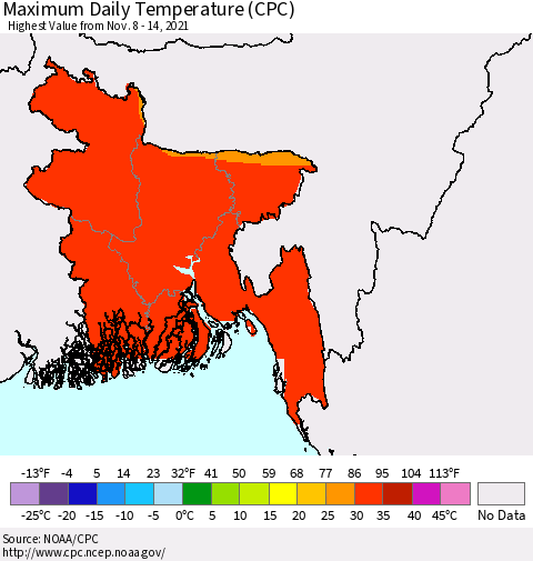 Bangladesh Maximum Daily Temperature (CPC) Thematic Map For 11/8/2021 - 11/14/2021