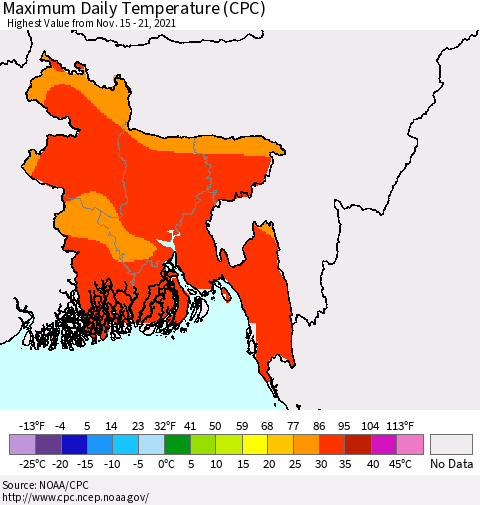 Bangladesh Maximum Daily Temperature (CPC) Thematic Map For 11/15/2021 - 11/21/2021