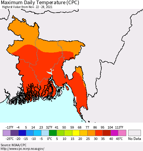 Bangladesh Maximum Daily Temperature (CPC) Thematic Map For 11/22/2021 - 11/28/2021