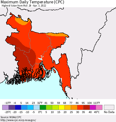 Bangladesh Maximum Daily Temperature (CPC) Thematic Map For 3/28/2022 - 4/3/2022