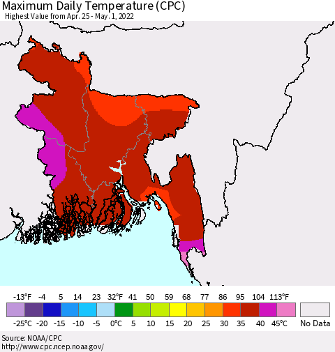 Bangladesh Maximum Daily Temperature (CPC) Thematic Map For 4/25/2022 - 5/1/2022
