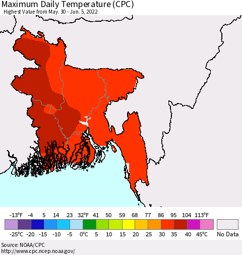Bangladesh Maximum Daily Temperature (CPC) Thematic Map For 5/30/2022 - 6/5/2022