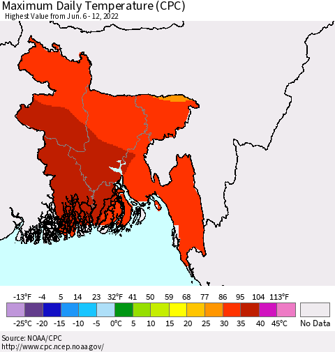 Bangladesh Maximum Daily Temperature (CPC) Thematic Map For 6/6/2022 - 6/12/2022
