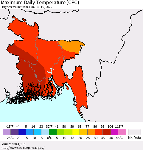 Bangladesh Maximum Daily Temperature (CPC) Thematic Map For 6/13/2022 - 6/19/2022