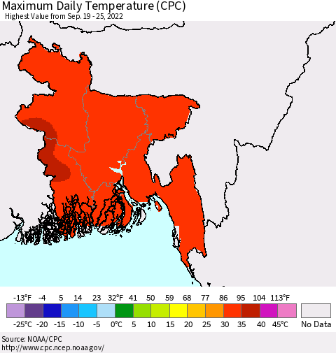 Bangladesh Maximum Daily Temperature (CPC) Thematic Map For 9/19/2022 - 9/25/2022