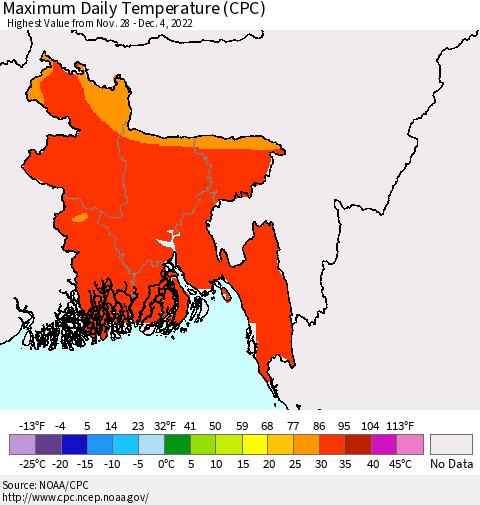 Bangladesh Maximum Daily Temperature (CPC) Thematic Map For 11/28/2022 - 12/4/2022