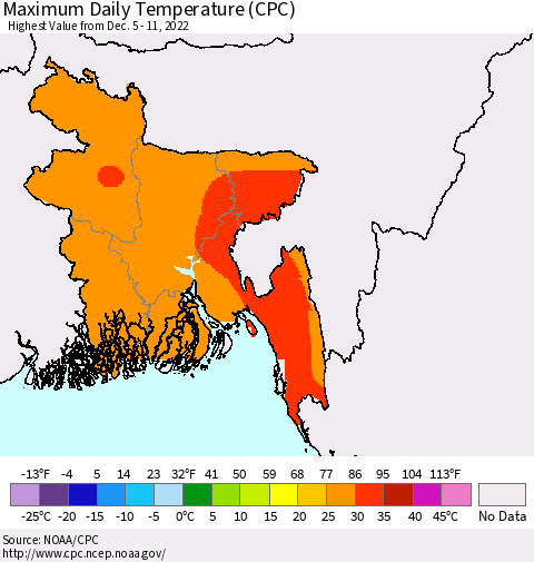 Bangladesh Maximum Daily Temperature (CPC) Thematic Map For 12/5/2022 - 12/11/2022