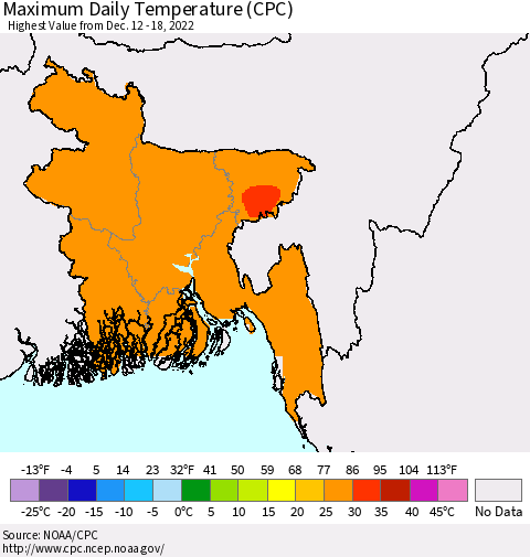 Bangladesh Maximum Daily Temperature (CPC) Thematic Map For 12/12/2022 - 12/18/2022