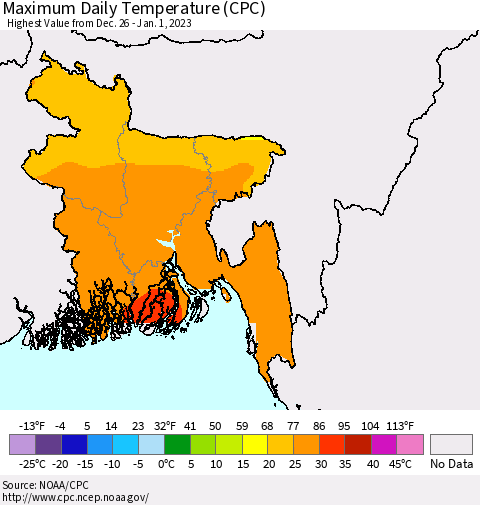 Bangladesh Maximum Daily Temperature (CPC) Thematic Map For 12/26/2022 - 1/1/2023