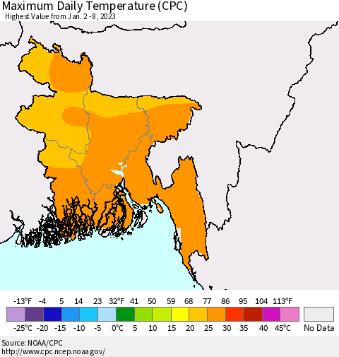 Bangladesh Maximum Daily Temperature (CPC) Thematic Map For 1/2/2023 - 1/8/2023