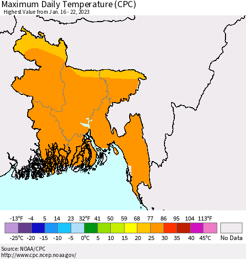 Bangladesh Maximum Daily Temperature (CPC) Thematic Map For 1/16/2023 - 1/22/2023