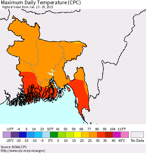 Bangladesh Maximum Daily Temperature (CPC) Thematic Map For 1/23/2023 - 1/29/2023