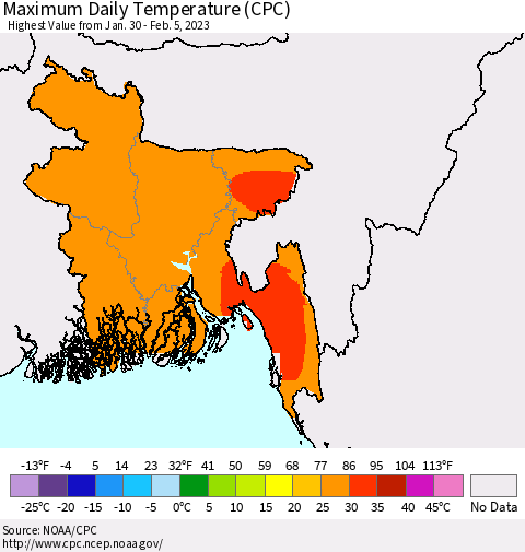 Bangladesh Maximum Daily Temperature (CPC) Thematic Map For 1/30/2023 - 2/5/2023