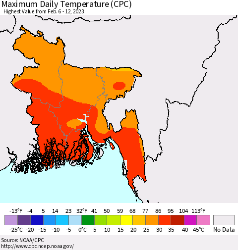 Bangladesh Maximum Daily Temperature (CPC) Thematic Map For 2/6/2023 - 2/12/2023