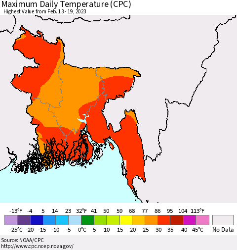 Bangladesh Maximum Daily Temperature (CPC) Thematic Map For 2/13/2023 - 2/19/2023