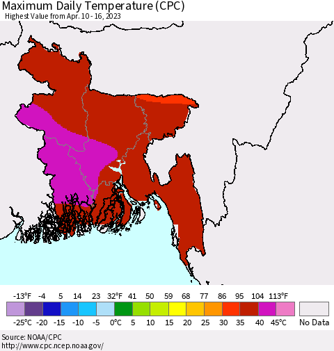 Bangladesh Maximum Daily Temperature (CPC) Thematic Map For 4/10/2023 - 4/16/2023