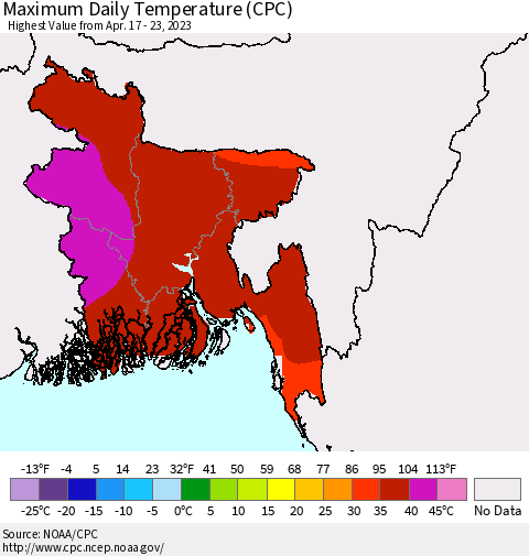 Bangladesh Maximum Daily Temperature (CPC) Thematic Map For 4/17/2023 - 4/23/2023