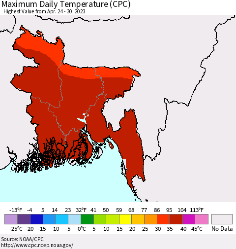 Bangladesh Maximum Daily Temperature (CPC) Thematic Map For 4/24/2023 - 4/30/2023