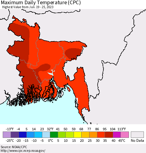 Bangladesh Maximum Daily Temperature (CPC) Thematic Map For 6/19/2023 - 6/25/2023