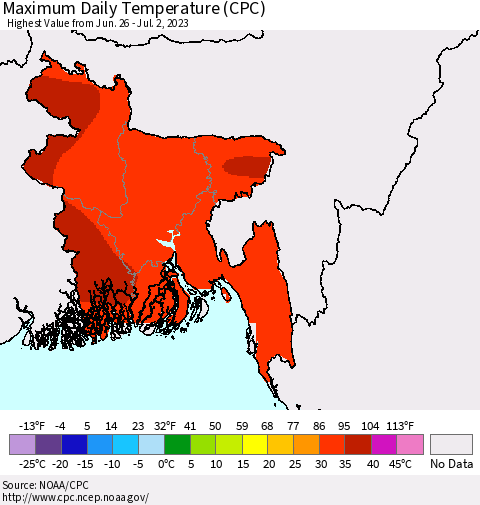 Bangladesh Maximum Daily Temperature (CPC) Thematic Map For 6/26/2023 - 7/2/2023