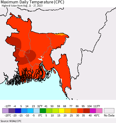Bangladesh Maximum Daily Temperature (CPC) Thematic Map For 8/21/2023 - 8/27/2023