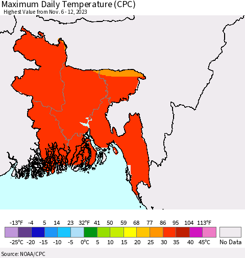 Bangladesh Maximum Daily Temperature (CPC) Thematic Map For 11/6/2023 - 11/12/2023