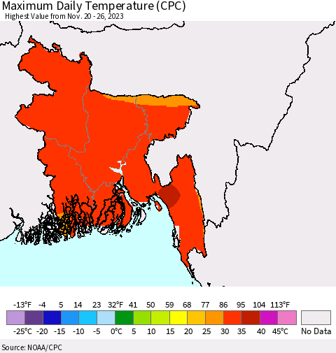 Bangladesh Maximum Daily Temperature (CPC) Thematic Map For 11/20/2023 - 11/26/2023