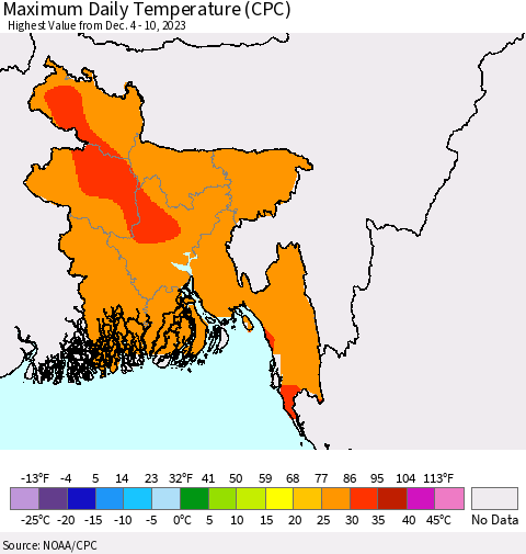 Bangladesh Maximum Daily Temperature (CPC) Thematic Map For 12/4/2023 - 12/10/2023
