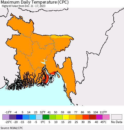 Bangladesh Maximum Daily Temperature (CPC) Thematic Map For 12/11/2023 - 12/17/2023