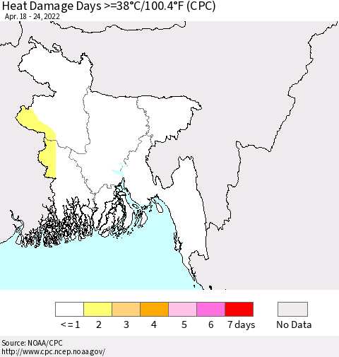 Bangladesh Heat Damage Days >=38°C/100°F (CPC) Thematic Map For 4/18/2022 - 4/24/2022