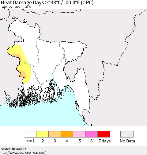 Bangladesh Heat Damage Days >=38°C/100°F (CPC) Thematic Map For 4/25/2022 - 5/1/2022