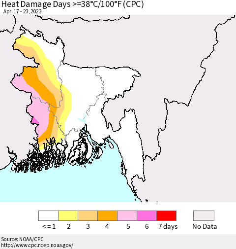 Bangladesh Heat Damage Days >=38°C/100°F (CPC) Thematic Map For 4/17/2023 - 4/23/2023