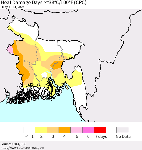 Bangladesh Heat Damage Days >=38°C/100°F (CPC) Thematic Map For 5/8/2023 - 5/14/2023
