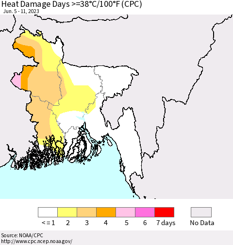 Bangladesh Heat Damage Days >=38°C/100°F (CPC) Thematic Map For 6/5/2023 - 6/11/2023