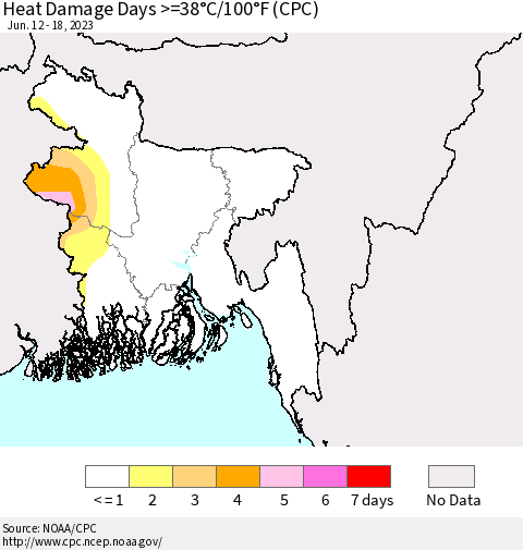Bangladesh Heat Damage Days >=38°C/100°F (CPC) Thematic Map For 6/12/2023 - 6/18/2023