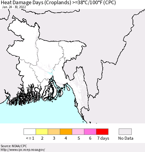 Bangladesh Heat Damage Days (Croplands) >=38°C/100°F (CPC) Thematic Map For 1/24/2022 - 1/30/2022