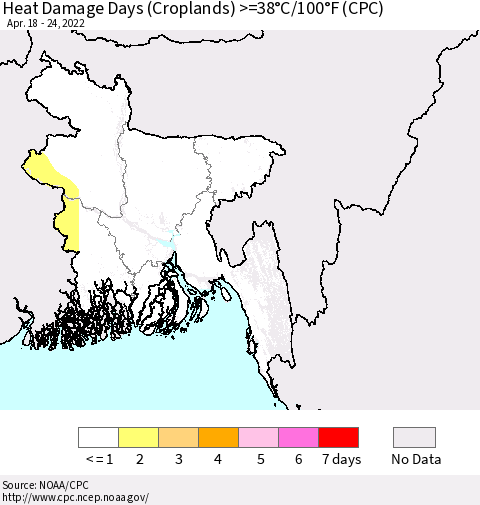 Bangladesh Heat Damage Days (Croplands) >=38°C/100°F (CPC) Thematic Map For 4/18/2022 - 4/24/2022