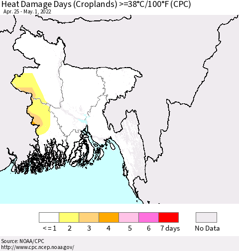 Bangladesh Heat Damage Days (Croplands) >=38°C/100°F (CPC) Thematic Map For 4/25/2022 - 5/1/2022