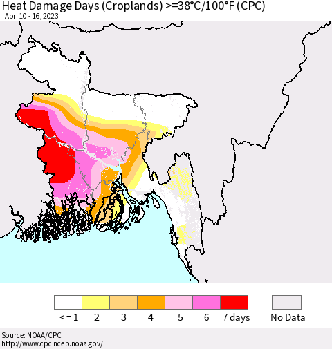 Bangladesh Heat Damage Days (Croplands) >=38°C/100°F (CPC) Thematic Map For 4/10/2023 - 4/16/2023