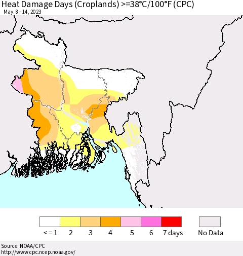 Bangladesh Heat Damage Days (Croplands) >=38°C/100°F (CPC) Thematic Map For 5/8/2023 - 5/14/2023