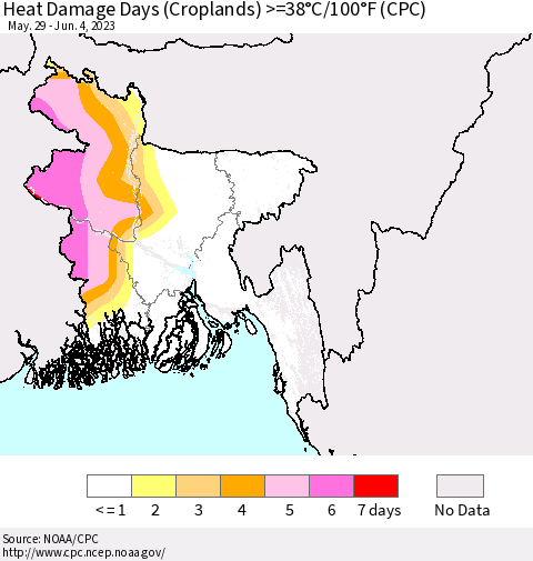 Bangladesh Heat Damage Days (Croplands) >=38°C/100°F (CPC) Thematic Map For 5/29/2023 - 6/4/2023