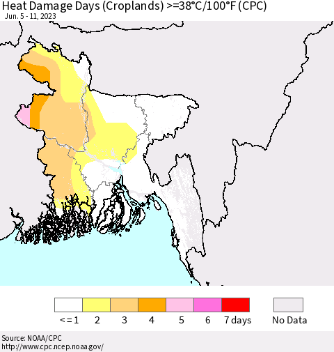 Bangladesh Heat Damage Days (Croplands) >=38°C/100°F (CPC) Thematic Map For 6/5/2023 - 6/11/2023