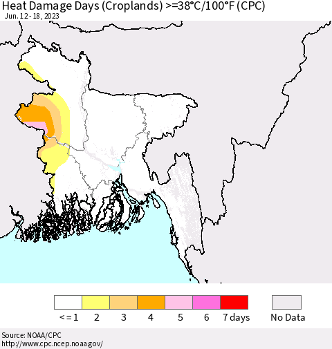 Bangladesh Heat Damage Days (Croplands) >=38°C/100°F (CPC) Thematic Map For 6/12/2023 - 6/18/2023