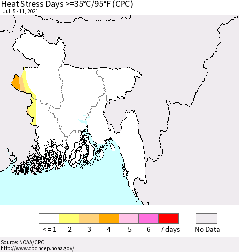 Bangladesh Heat Stress Days >=35°C/95°F (CPC) Thematic Map For 7/5/2021 - 7/11/2021