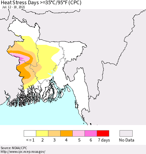 Bangladesh Heat Stress Days >=35°C/95°F (CPC) Thematic Map For 7/12/2021 - 7/18/2021