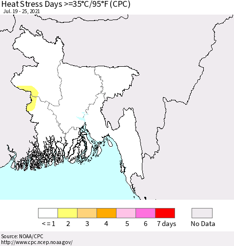 Bangladesh Heat Stress Days >=35°C/95°F (CPC) Thematic Map For 7/19/2021 - 7/25/2021